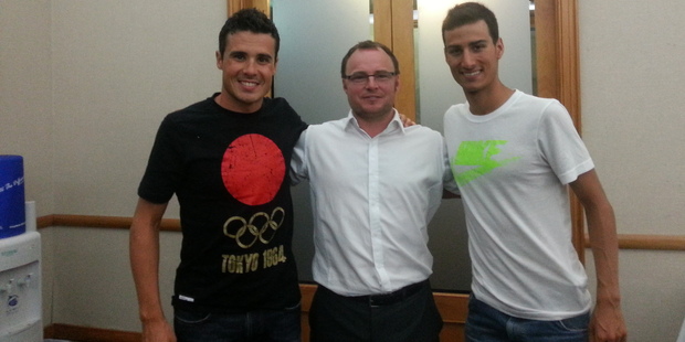 ITU World Cup New Plymouth winner Mario Mola (left), Phill Dromgool and second-placed Javier Gomez, the current world champion.