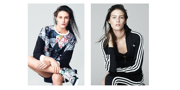 Topshop x Adidas Originals top, $110, and high-top trainer $160; Topshop x Adidas Originals all-in-one $180. Photos / Supplied.