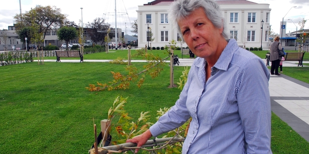 OUTRAGED: Masterton Mayor Lyn Patterson is fuming after vandals snapped in half a half-dozen sapling oriental plane trees overnight Saturday in the Masterton Town Square, which Mrs Patterson had helped open less than four months ago. PHOTO/NATHAN CROMBIE WTA230314NCSQUARE01