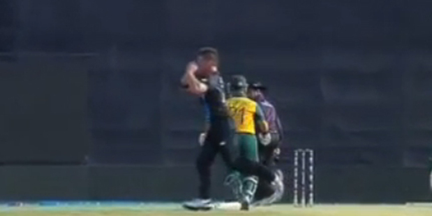 Corey Anderson celebrates after a freak catch. Photo / YouTube