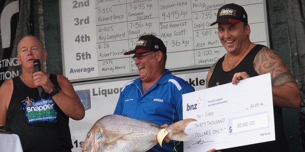 Kaitaia man Neil Sides is delighted at winning the $30,000 top prize, with organiser Dave Collard (left) and Northland MP Mike Sabin. Photo/Peter de Graaf