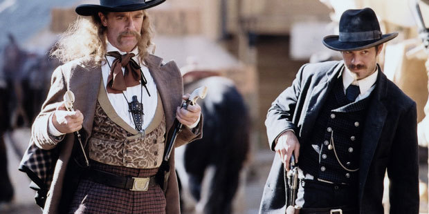 Keith Carradine as Wild Bill Hickock and Timothy Olyphant as Seth Bullock.