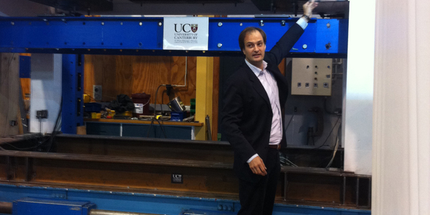 Professor Stefano Pampanin at today's earthquake simulation test in Christchurch. Photo / Kurt Bayer