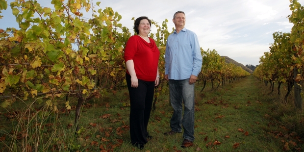 Hawke's Bay Winegrowers' contractor to China, Fongyee Walker, and winegrowers executive officer James Medina enjoyed the autumn freshness of Mission Estate's vines yesterday. Photo/Paul Taylor
