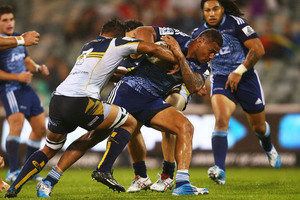 Frank Halai of the Blues runs the ball during the round eight Super Rugby match between the Brumbies and the Bulls at Canberra Stadium. Photo / Getty Images.