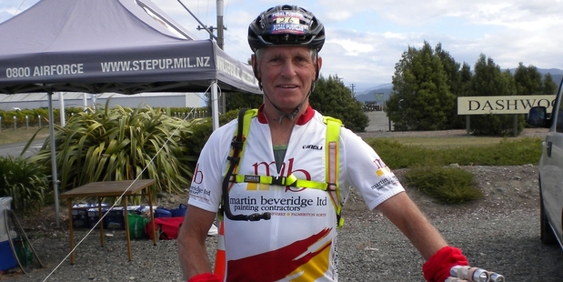 Colin Anderson at the start of the 2011 500km Grape Ride around the Marlborough Sounds, wearing his Martin Beveridge kit. At 11am today, Anderson begins his solo 1000km ride in memory of Mr Beveridge. Photo/Supplied