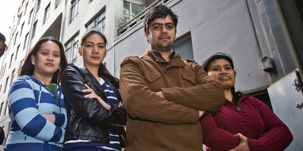 Sharry Ocampo, Gretchen Betita, Pankaj Kumar, Joilaly Basilio and Rajwant Kaur say they have been exploited. Photo / Greg Bowker
