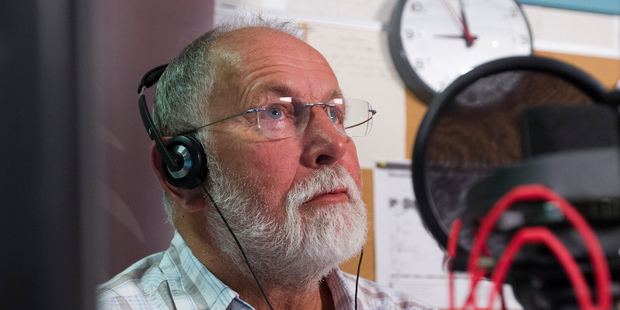 Morning Report co-host Geoff Robinson signs-off for the last time in the Radio New Zealand studio. Photo / Mark Mitchell
