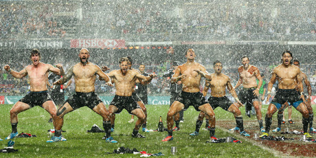 The New Zealand team perform the Haka after winning the Cup Final between England and New Zealand during the 2014 Hong Kong Sevens at Hong Kong International Stadium. Photo / AP