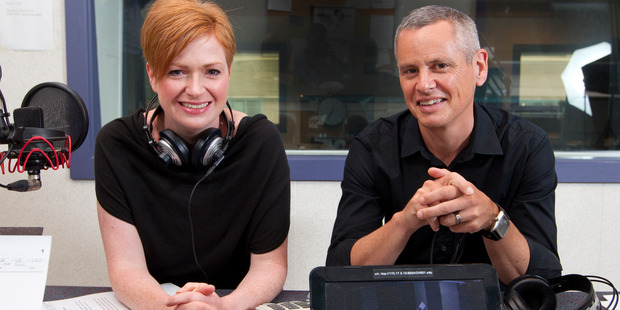 New Morning Report hosts Susie Ferguson and Guyon Espiner in the Radio New Zealand Wellington studio. Photo / Mark Mitchell.
