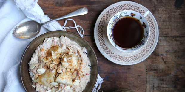 Simple spiced feijoa & apple brown rice bircher. Photo / Eleanor Ozich