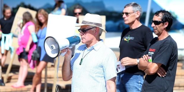 Organiser Benjamin Pittman speaks at the anti-Trans Pacific Partnership trade agreement rally in Whangarei on Saturday. Photo/Michael Cunningham