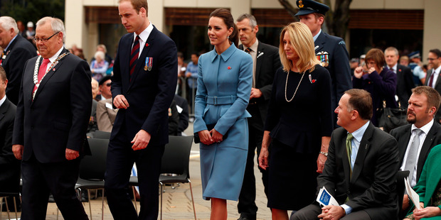 Prince William, Duke of Cambridge and Catherine, Duchess of Cambridge attend a ceremony at the war memorial in Seymour Square, Blenheim. Photo / Getty Images