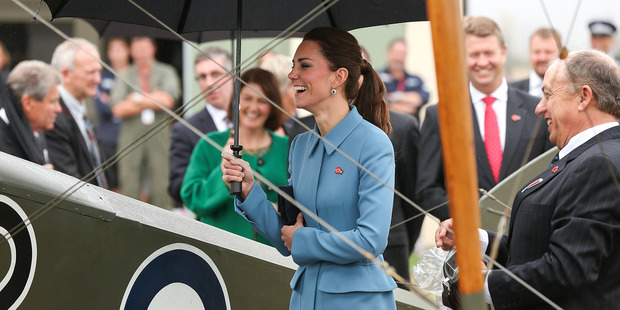 Catherine, Duchess of Cambridge looks on during a visit to Omaka Aviation Heritage Centre with Sir Peter Jackson. Photo / Getty Images