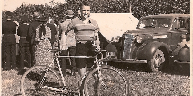 Les Stevens as a competitive cyclist in the 1930s and hitting the Wanganui velodrome on his 80th birthday. The lifetime cyclist made it to 90. Photo/Supplied