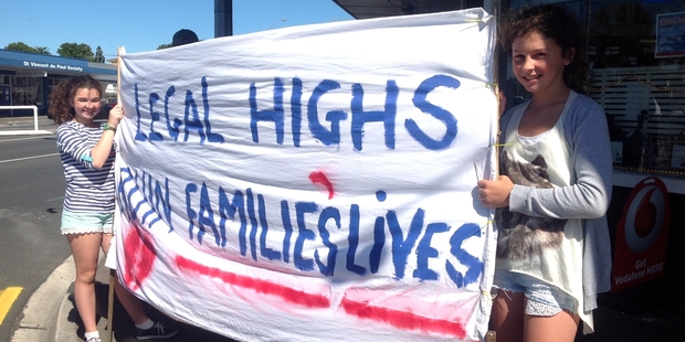 Protesters outside Discount Tobacco on Cameron Rd campaign for the ban of synthetic cannabis. Photo/Rebecca Savory