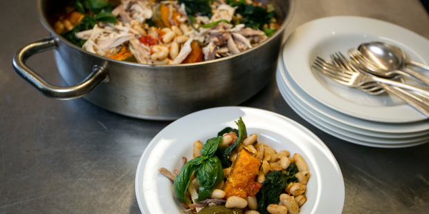 White bean, pumpkin and spinach braise with shredded chicken. Photo / Michael Craig