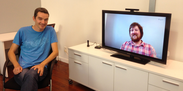 Touchtech directors Adrian Falvey, seated, and Robin Marshall, on screen, are keen to embrace cloud technology to expand business.