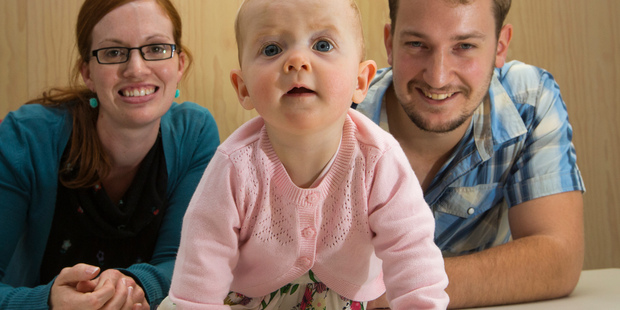 Ingrid and David Alve and eight-month-old Eden, who are to meet the Duke and Duchess of Cambridge and Prince George, at the Plunket office in Wellington. Photo / Mark Mitchell