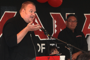 Kim Dotcom speaks at the Mana Party AGM at Mataikotare Marae in Rotorua this afternoon. Photo / Ben Fraser
