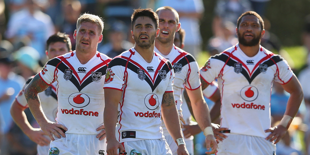 Sam Tomkins, Shaun Johnson, Simon Mannering and Manu Vatuvei of the Warriors. Photo / Getty Images