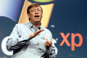 Former Microsoft chairman Bill Gates speaks during the product launch of the Windows XP operating system. Photo / AP
