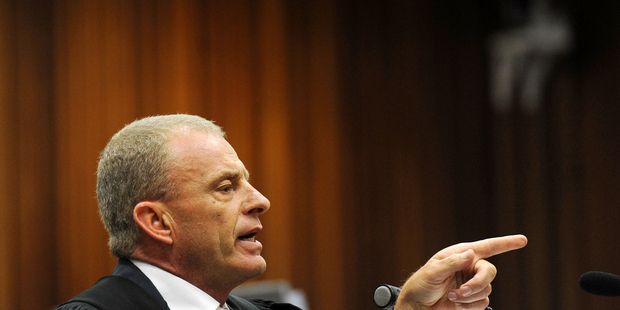 State prosecutor Gerrie Nel during cross questioning of Oscar Pistorius. Photo / AP