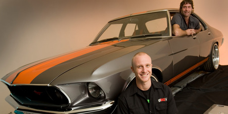 Jono Pryor (front) and Robert Taylor from The Rock FM at the unveiling of the Folden car in Ponsonby, Auckland.