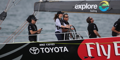 Catherine the Duchess of Cambridge steers NZL41 America's Cup Yacht during racing on the Waitemata Harbour. Photo / Greg Bowker