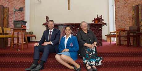 Napier MP Chris Tremain and te reo teacher Ripeka Wiki with Ngapera Aperahama, who has gained an Outstanding Scholarship. Photo/Glenn Taylor