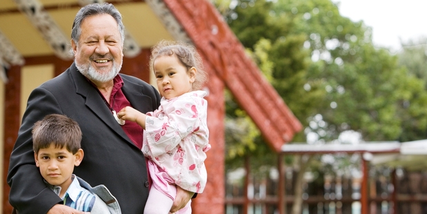 Pita Sharples and mokopuna Te Aowairauita Paenga (left) and Te Ahu Paenga.