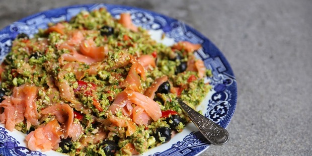 Raw broccoli and smoked salmon salad. Photo / Eleanor Ozich