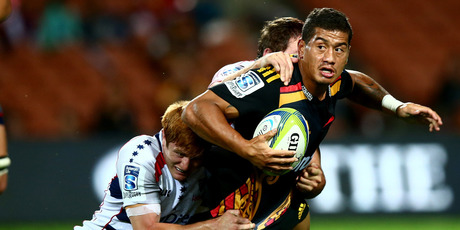 Augustine Pulu of the Chiefs is tackled by Nic Stirzaker of the Rebels during the round nine Super Rugby match between the Chiefs and the Rebels. Photo / Getty Images.
