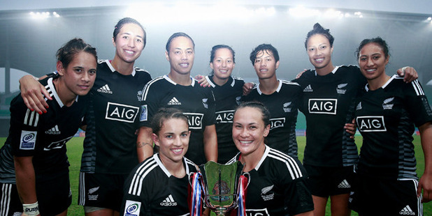 New Zealand players celebrate after winning the Chinese leg of the IRB Women's sevens series. Photo / Getty Images