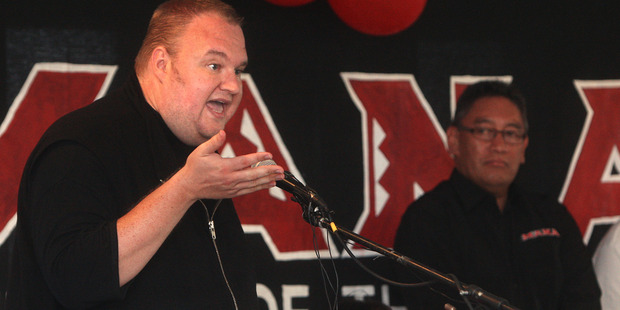 Kim Dotcom speaks at the Mana Party AGM at Mataikotare Marae. Photo / Ben Fraser