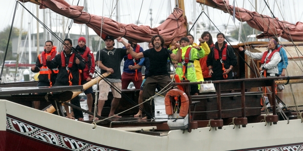 The crew of Te Waka Te Matau a Maui perform Tika Tonu, the Ngati Kahungunu haka as they leave West Quay in Napier for the Chatham Islands. Photo/Paul Taylor