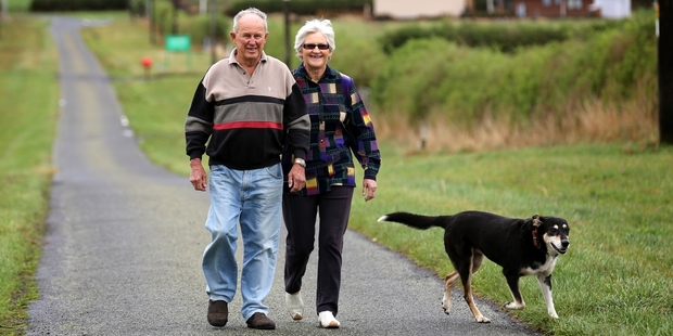 Glen Williamson enjoys a walk with his wife, Shirley, on their Taranaki farm after the heart surgery. Photo / Mark Dwyer