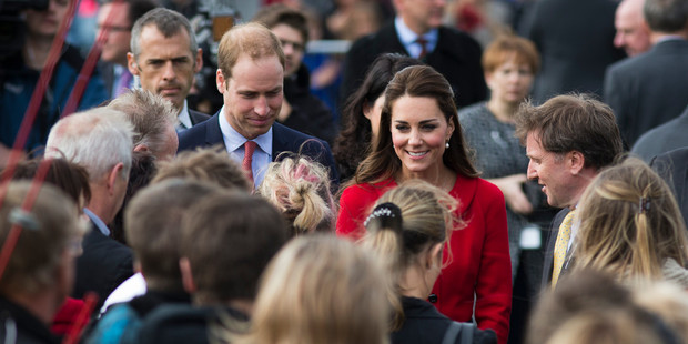 The Duke and Duchess of Cambridge are greeted by a large crowd that gathered at Latimer Square in Christchurch. Photo / Greg Bowker
