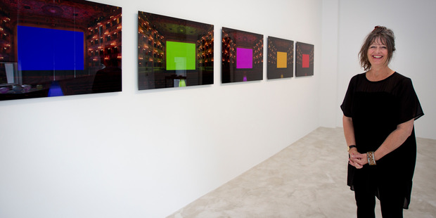 Trish Clark with works by Kimsooja and Hiroshi Sugimoto. Photo / Sarah Ivey