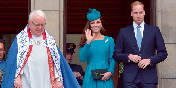 The Duchess wears a blue pleated dress by the London-based designer Emilia Wickstead, teamed with the fern print brooch and a bespoke hat by Jane Taylor Millinery. Photo / APN