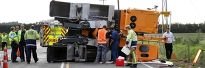A grape harvester collided with a truck and trailer yesterday on Pakowhai Rd in Hastings. Photo/Duncan Brown