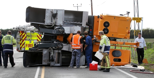 A grape harvester collided with a truck and trailer yesterday on Pakowhai Rd in Hastings. Photo/Duncan Brown