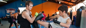 Cody Thomson, right, during a training session with Luke Meredith for the Muay Thai World Championships. Photo/Glenn Taylor