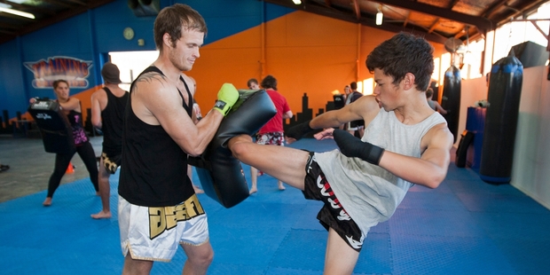 Cody Thomson, right, during a training session with Luke Meredith for the Muay Thai World Championships. Photo/Glenn Taylor