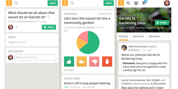 Screenshots of the Loomio group decision-making app in action.