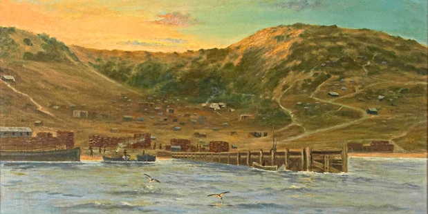 Anzac Cove as depicted in an oil painting by artist A.A. Forrester.