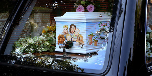 The coffin of Peaches Geldof arrives at Bob Geldof's home ahead of her funeral service at St Mary Magdalene and St Lawrence Church in Davington. Photo/AP