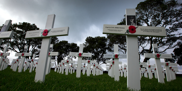 Captain Geoffrey Armstrong's cross can be seen at Devonport's Field of Remembrance on Windsor Reserve. Photo / Brett Phibbs