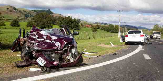 Three people were taken to hospital after two cars collided near SH26 yesterday. Photo / Christine Cornege