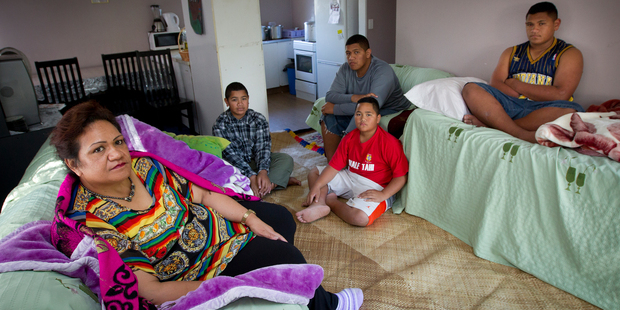 South Auckland solo mother Uheina Kioa (left) at home with her four sons. (from left) Basim Kafoa, 13, Pita Kafoa, 17, Mike Kafoa, 11 and Hedi Kafoa, 15. Photo / Sarah Ivey